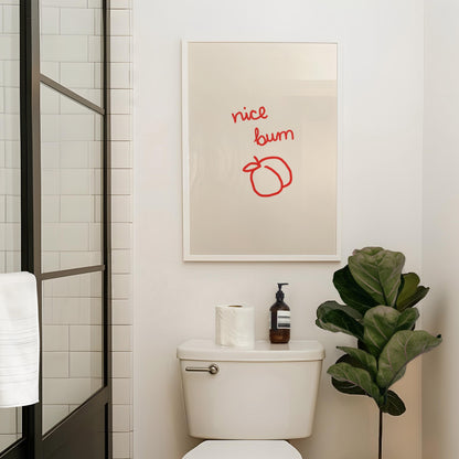 Cheeky Nice Bum Peach Print | Red Bathroom Wall Art | Funny Guest Bath Decor