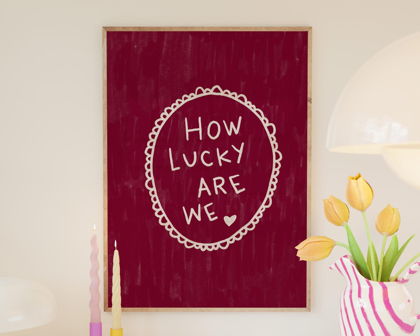 How Lucky Are We Quote Wall Art Print | Romantic Bedroom Decor | Burgundy