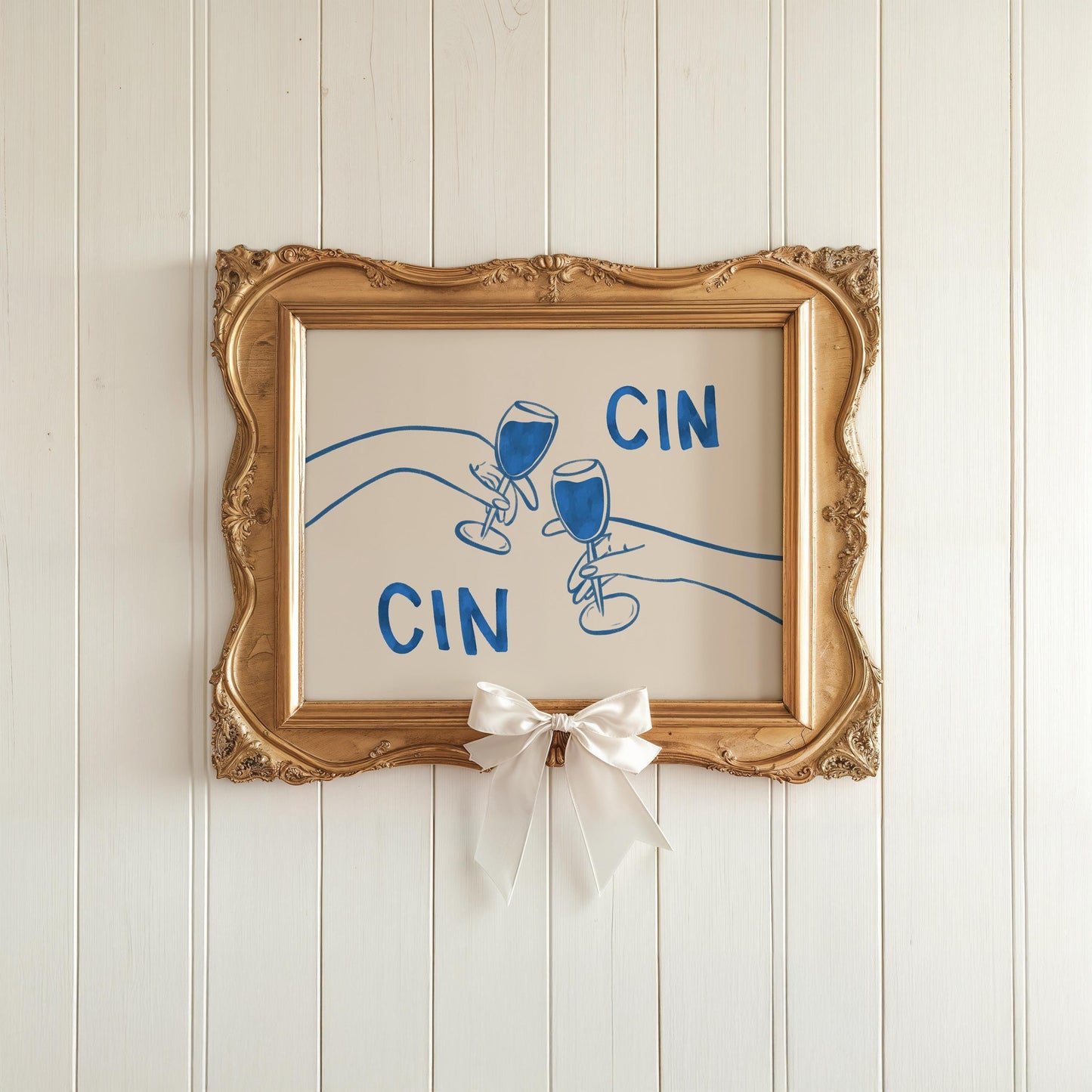 Cin Cin Cheers Print | Blue Wine Illustration | Modern Cocktail Art for Bar Cart Decor