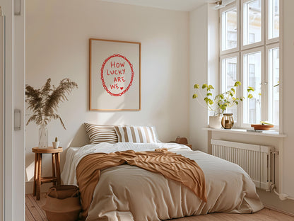 How Lucky Are We Quote Print | Romantic Wall Art | Red Bedroom Decor