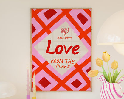 Kitchen Wall Art | Made With Love From The Heart | Pink Retro Kitchen Print