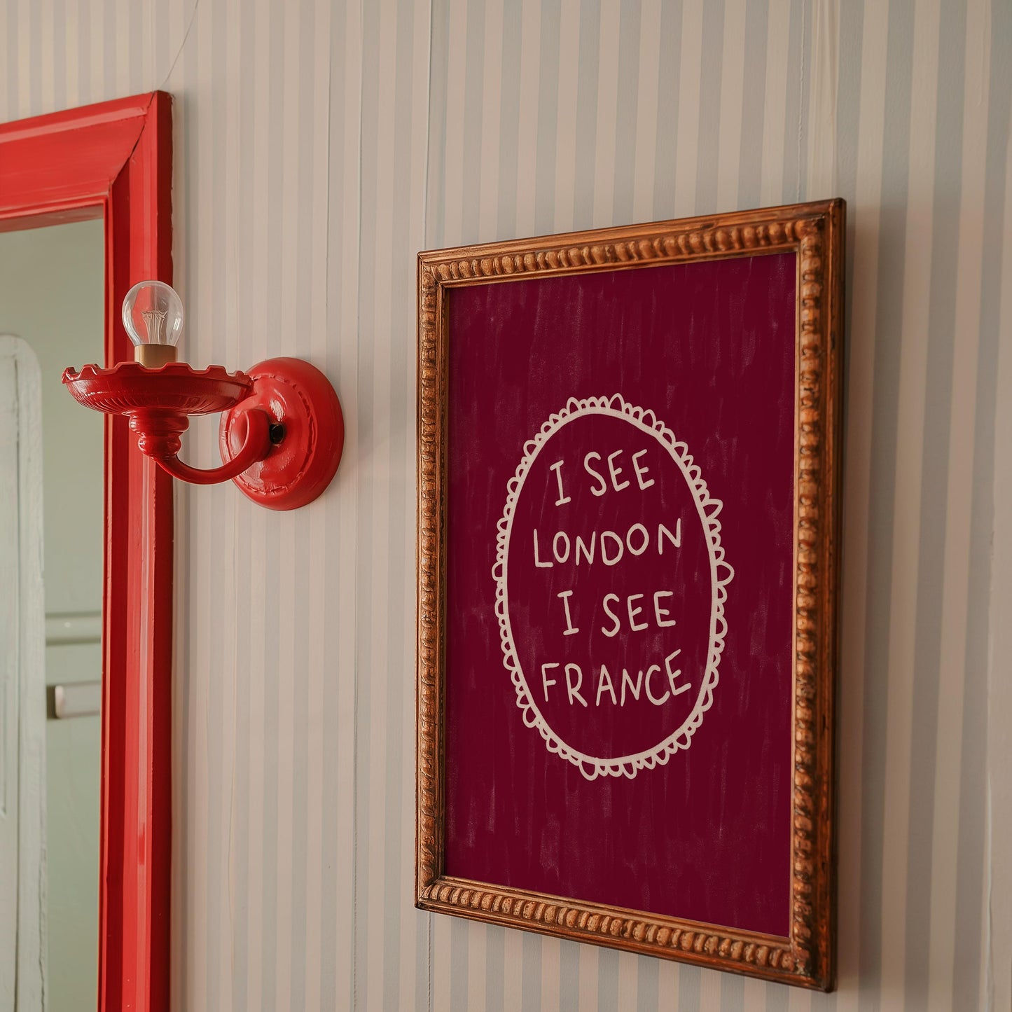 I See London I See France Burgundy Print | Funny Bathroom Wall Art Decor | Playful Cheeky Quote