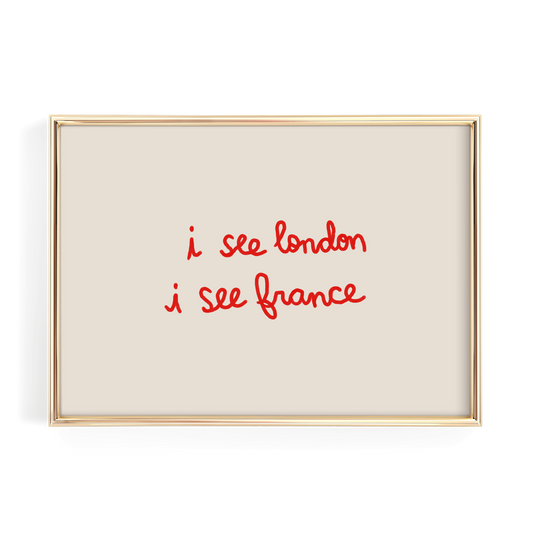 the text "i see london i see france" written in red cursive font on a beige background.
