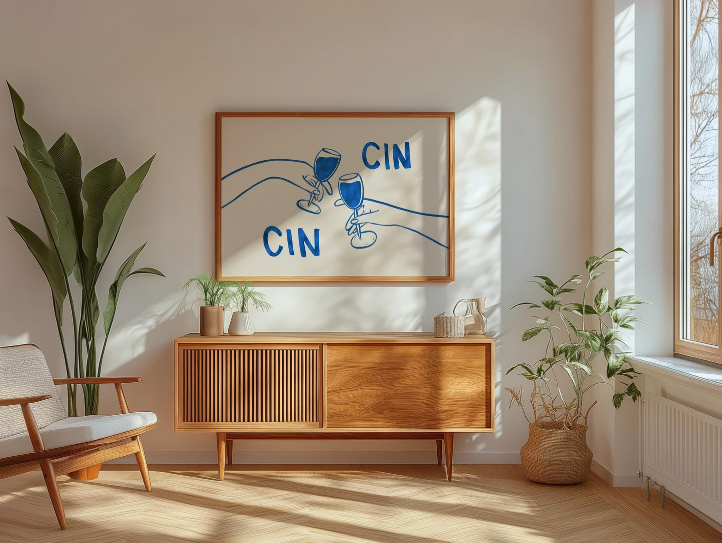 Cin Cin Cheers Print | Blue Wine Illustration | Modern Cocktail Art for Bar Cart Decor