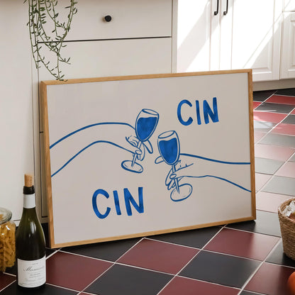 Cin Cin Cheers Print | Blue Wine Illustration | Modern Cocktail Art for Bar Cart Decor
