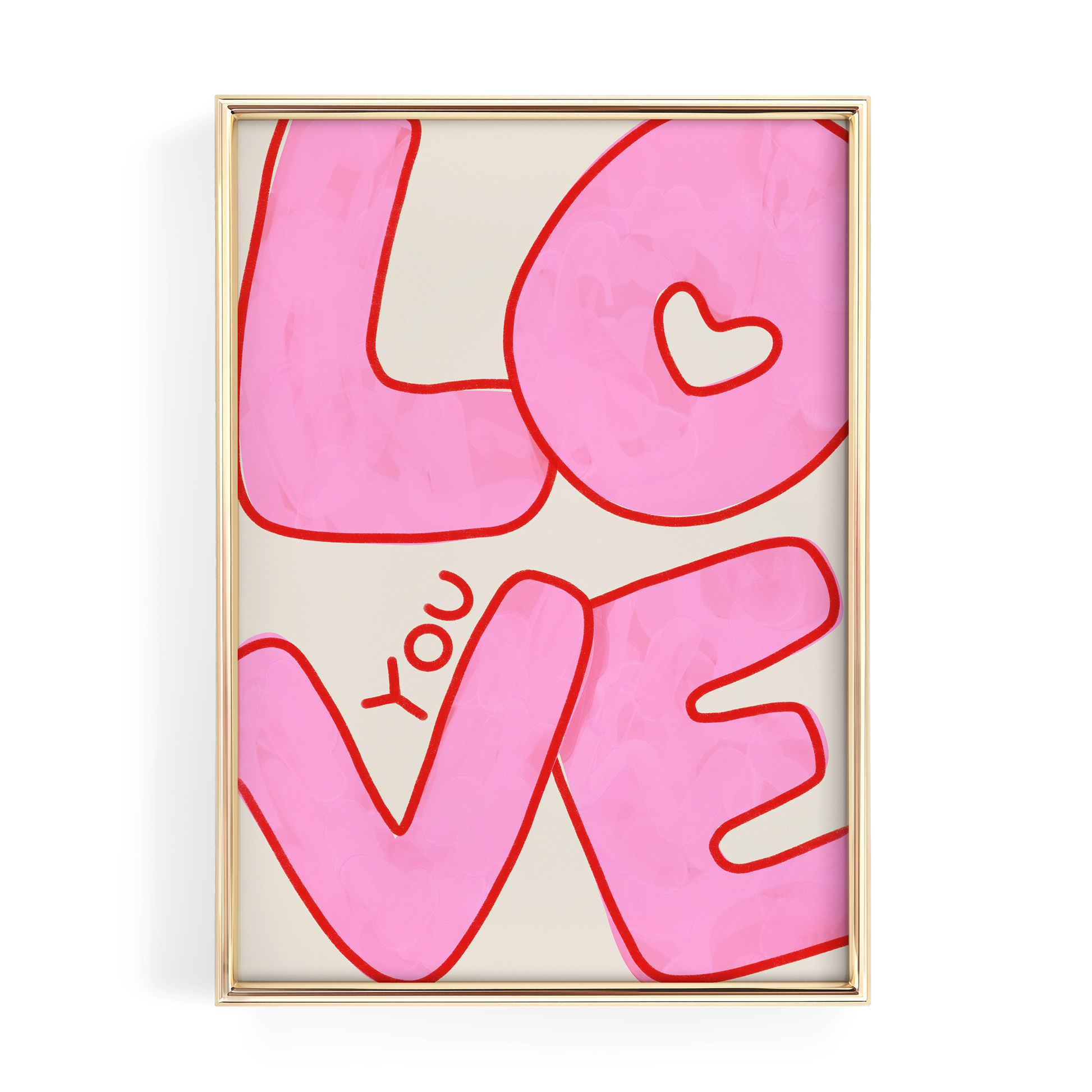 a large pink text that says "LOVE" in bold, stylized letters.