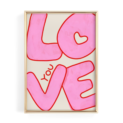 a large pink text that says "LOVE" in bold, stylized letters.