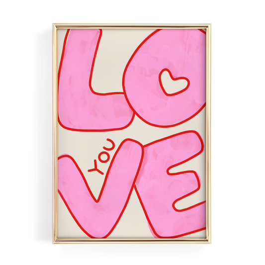 a large pink text that says "LOVE" in bold, stylized letters.