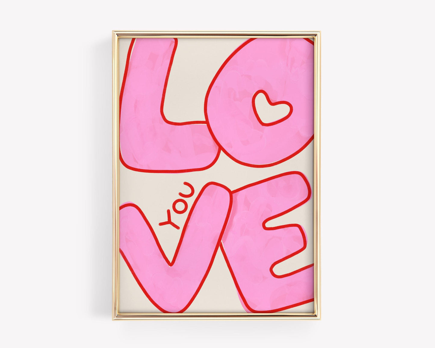 Love You Wall Art | Pink Bubble Letter Print | Valentine Decor for Bedroom