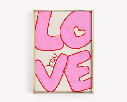 Love You Wall Art | Pink Bubble Letter Print | Valentine Decor for Bedroom