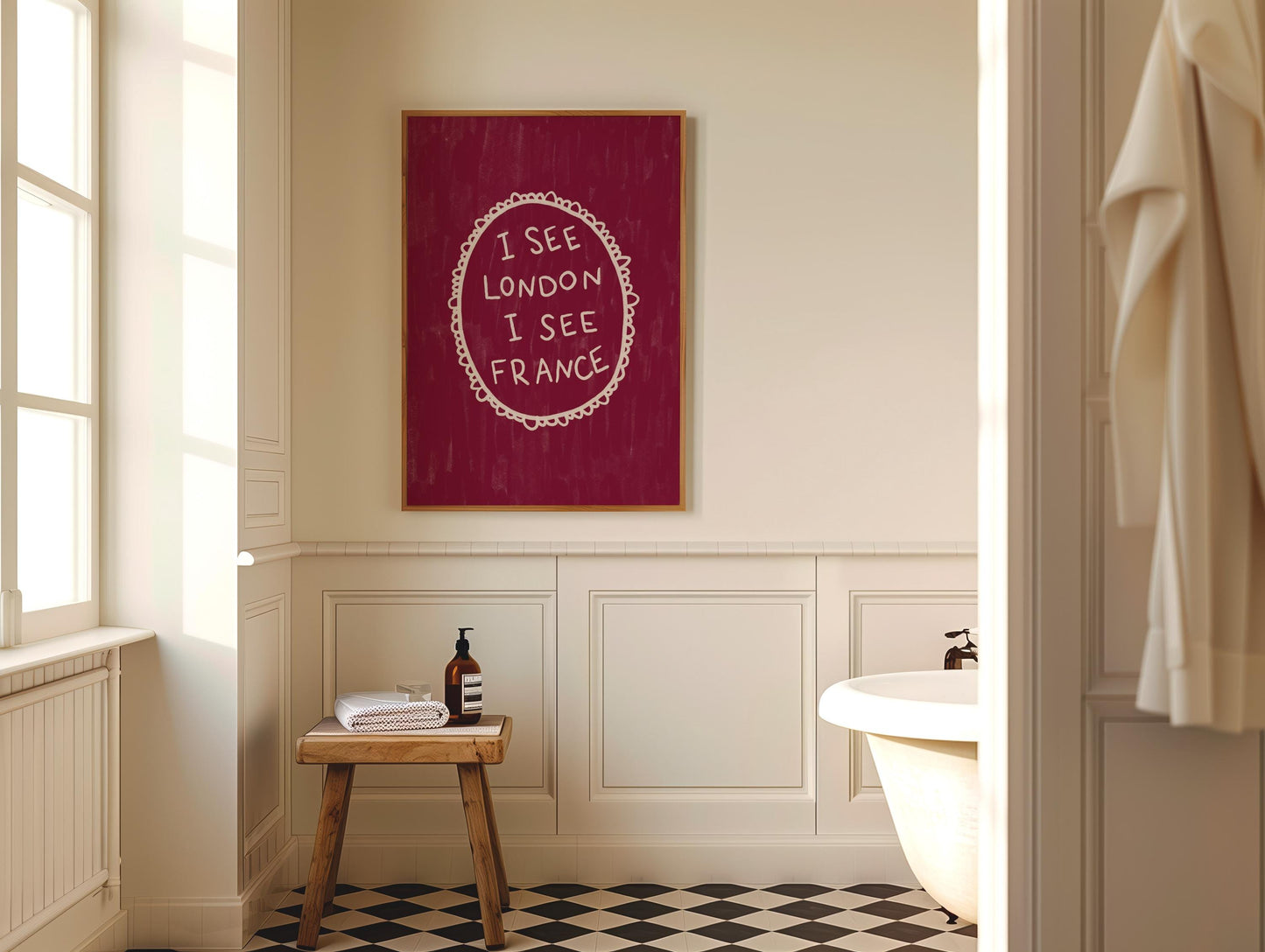 I See London I See France Burgundy Print | Funny Bathroom Wall Art Decor | Playful Cheeky Quote