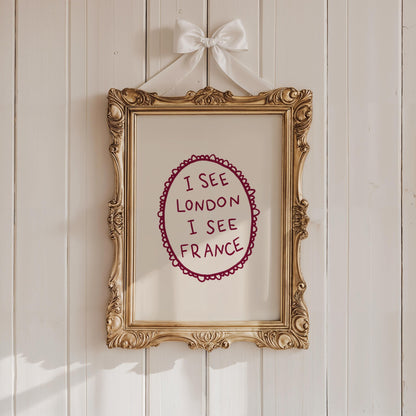 I See London I See France Print | Funny Bathroom Decor | Cheeky Wall Art | Burgundy