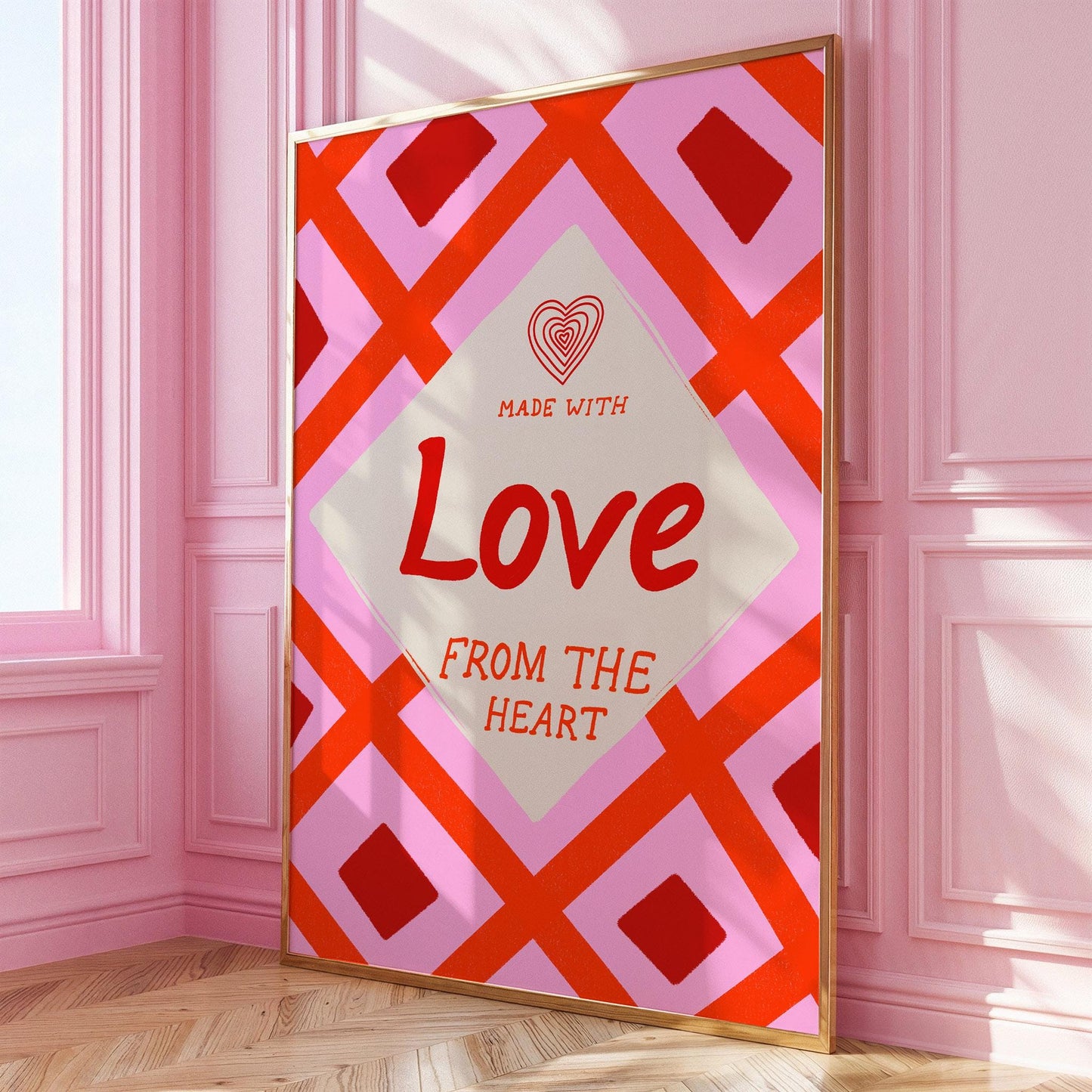 Kitchen Wall Art | Made With Love From The Heart | Pink Retro Kitchen Print