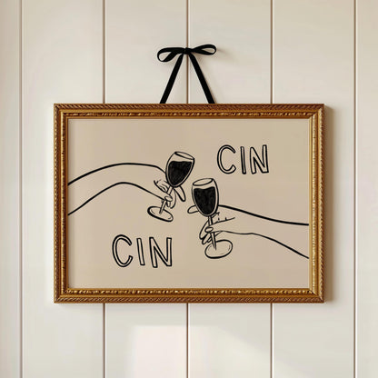 Cin Cin Cheers Print | Wine Glass Wall Art | Minimalist Line Art | Bar Cart Decor