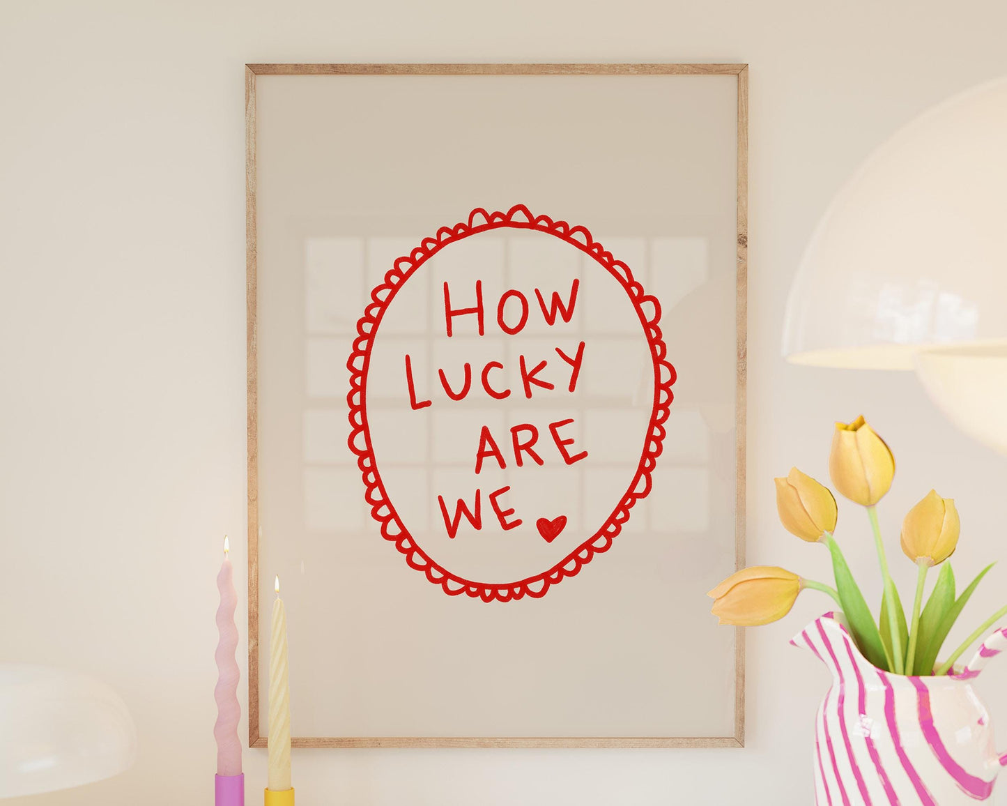 How Lucky Are We Quote Print | Romantic Wall Art | Red Bedroom Decor