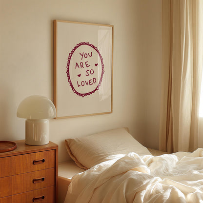 You Are So Loved Lace Print | Burgundy Boho Wall Art Quote | Kids Nursery Room Decor