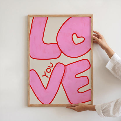 Love You Wall Art | Pink Bubble Letter Print | Valentine Decor for Bedroom