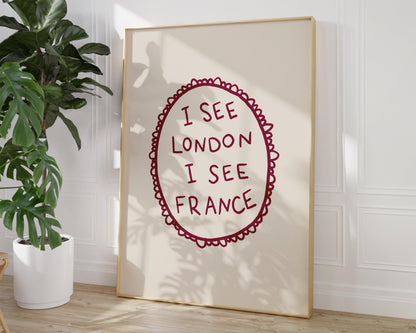 I See London I See France Print | Funny Bathroom Decor | Cheeky Wall Art | Burgundy