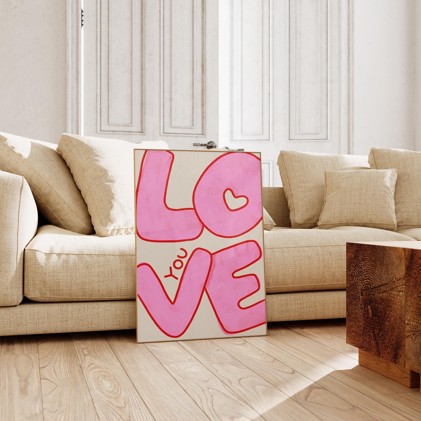 Love You Wall Art | Pink Bubble Letter Print | Valentine Decor for Bedroom
