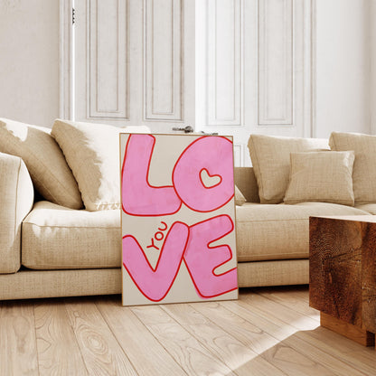 Love You Wall Art | Pink Bubble Letter Print | Valentine Decor for Bedroom