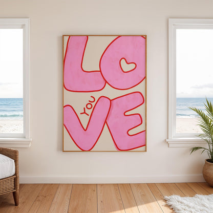 Love You Wall Art | Pink Bubble Letter Print | Valentine Decor for Bedroom