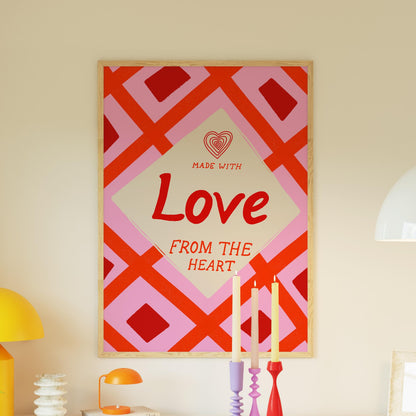 Kitchen Wall Art | Made With Love From The Heart | Pink Retro Kitchen Print