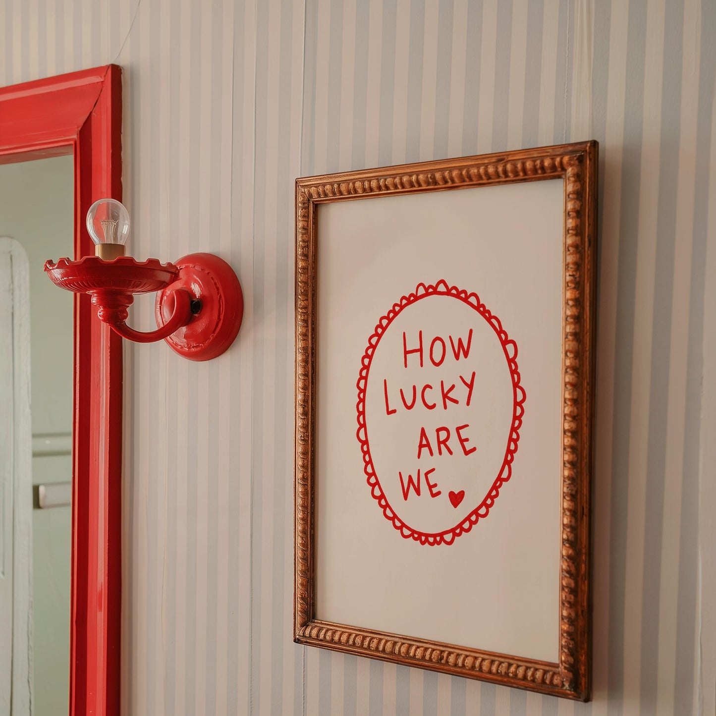 How Lucky Are We Quote Print | Romantic Wall Art | Red Bedroom Decor
