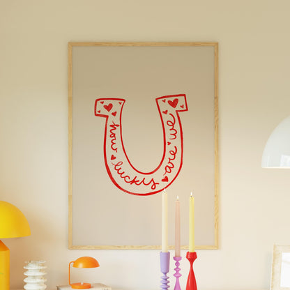 Lucky Quote Horseshoe Wall Art | Red Bedroom Decor | Romantic Print Illustration