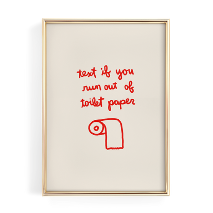 a framed piece of art with a humorous text written in red, which reads "text if you run out of toilet paper".