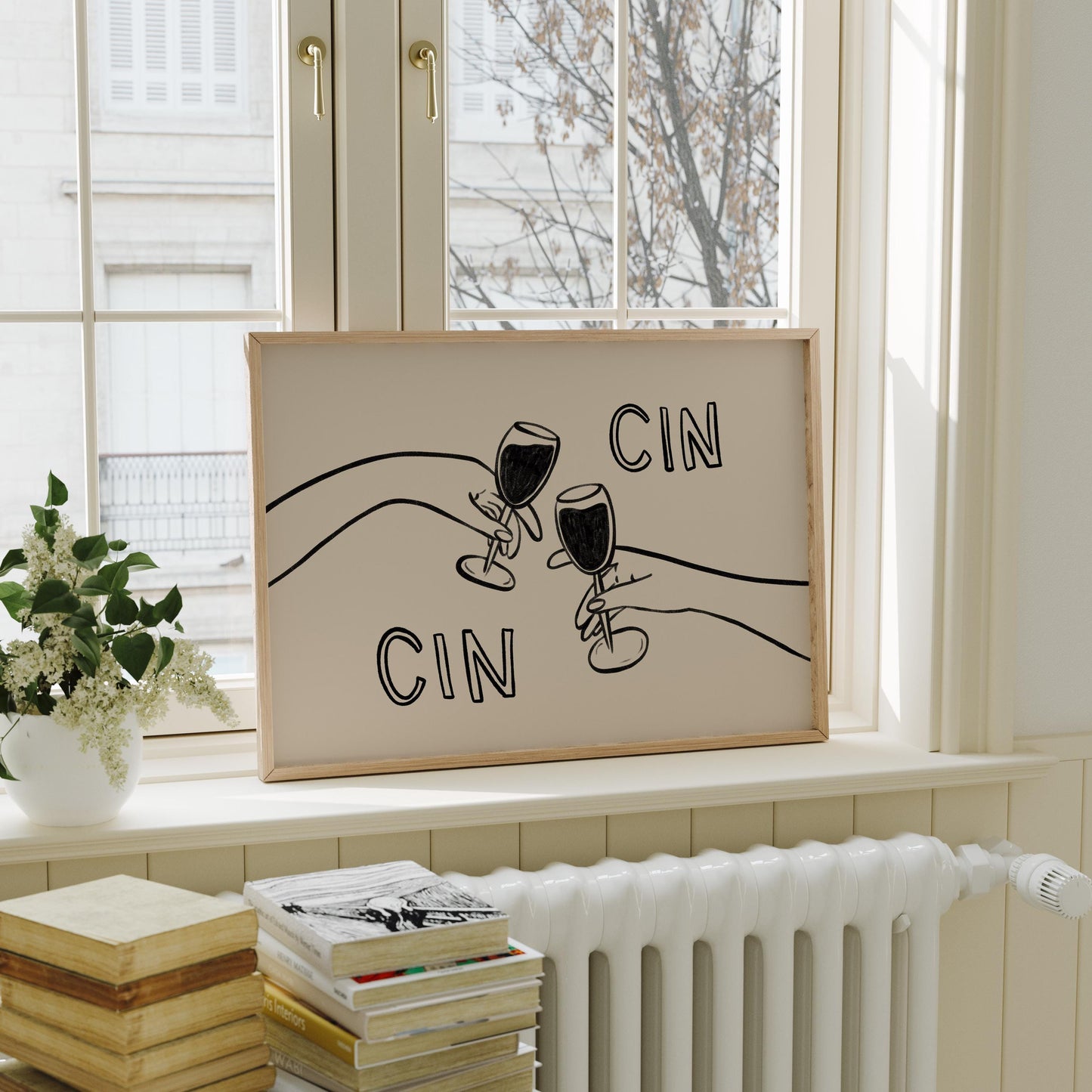 Cin Cin Cheers Print | Wine Glass Wall Art | Minimalist Line Art | Bar Cart Decor