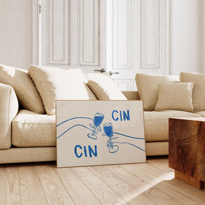 Cin Cin Cheers Print | Blue Wine Illustration | Modern Cocktail Art for Bar Cart Decor