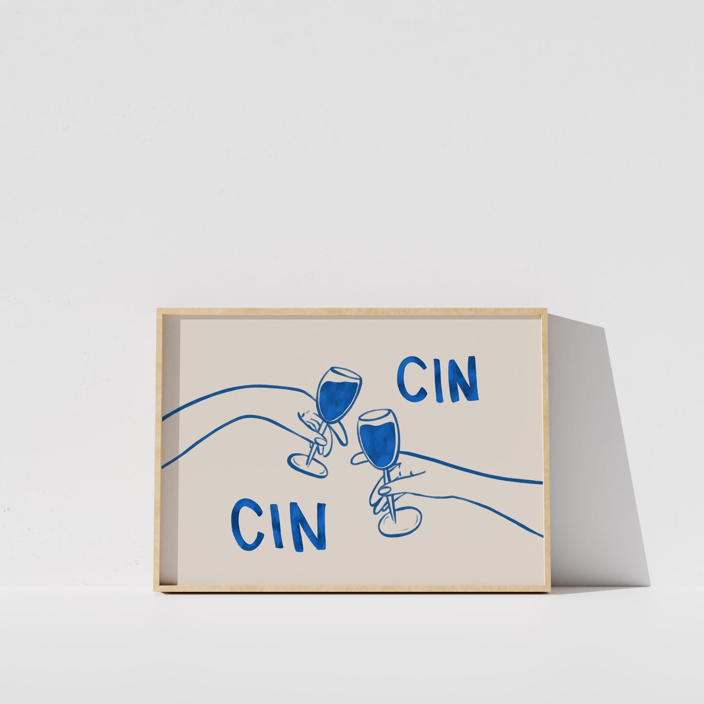 A framed illustration of two hands holding wine glasses, with the text "CIN" written above them.
