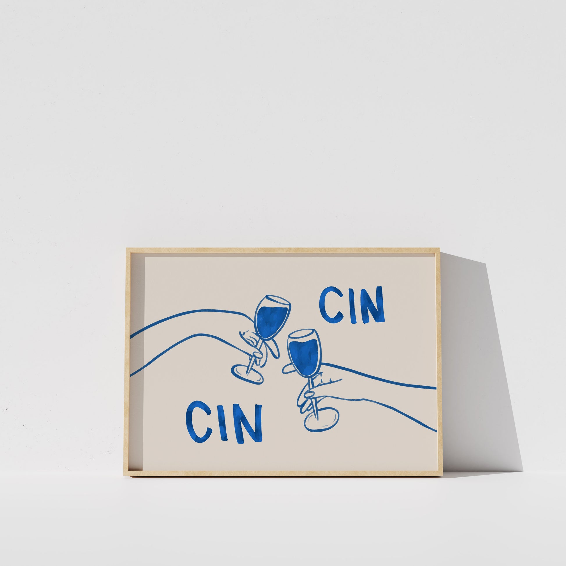 A framed illustration of two hands holding wine glasses, with the text "CIN" written above them.