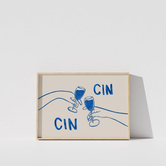 A framed illustration of two hands holding wine glasses, with the text "CIN" written above them.