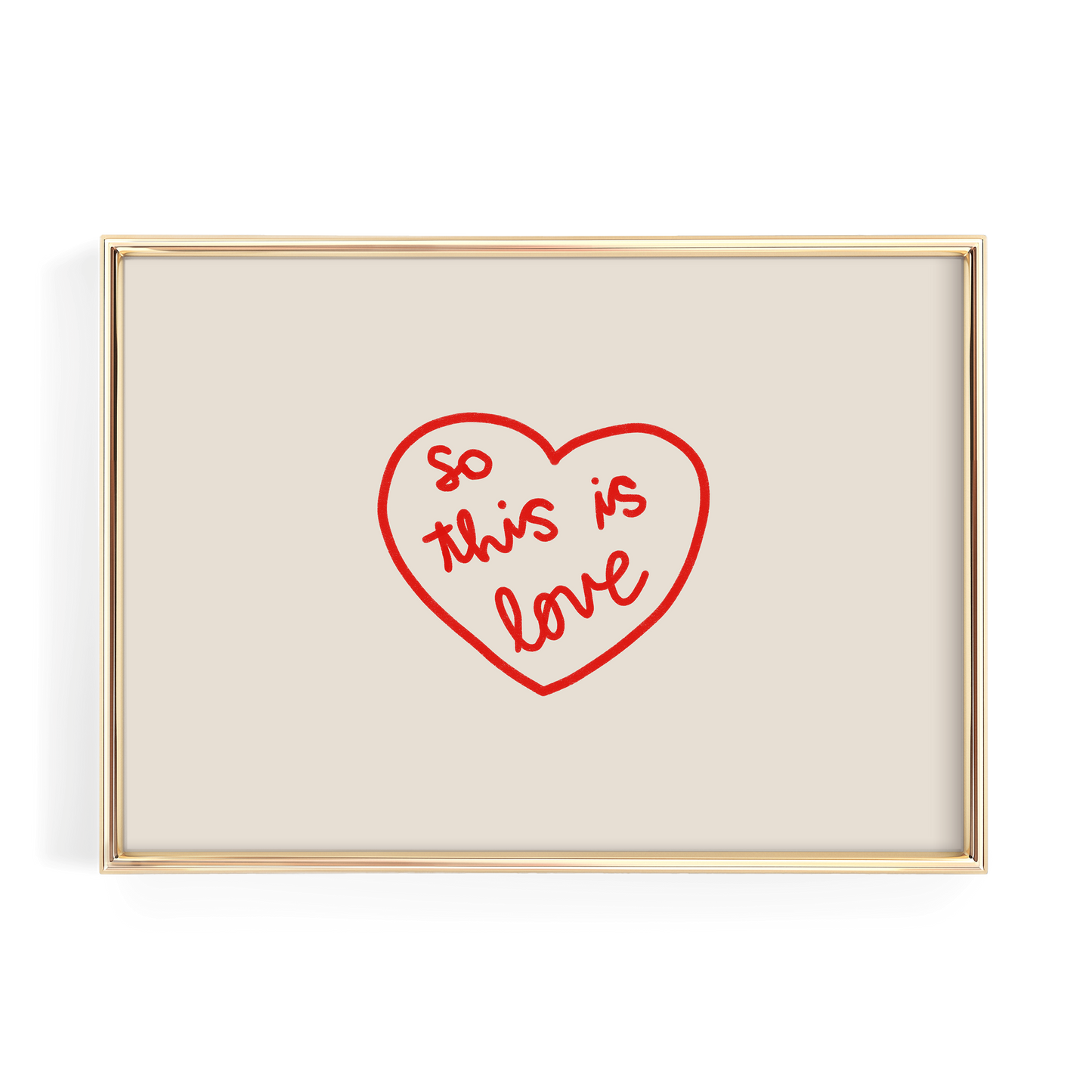 A framed image with a red heart-shaped design containing the text "So this is love" written in cursive.
