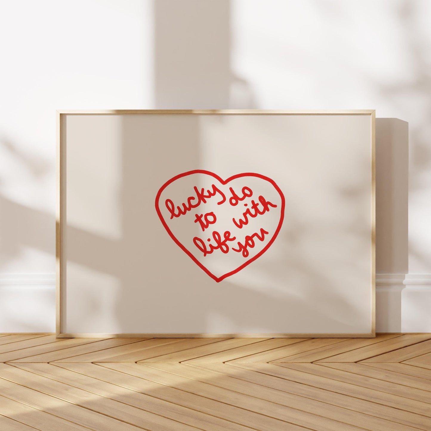Lucky To Do Life With You Quote | Love Wall Decor | Red Heart Print | Romantic Bedroom Art