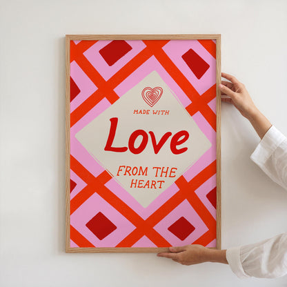 Kitchen Wall Art | Made With Love From The Heart | Pink Retro Kitchen Print