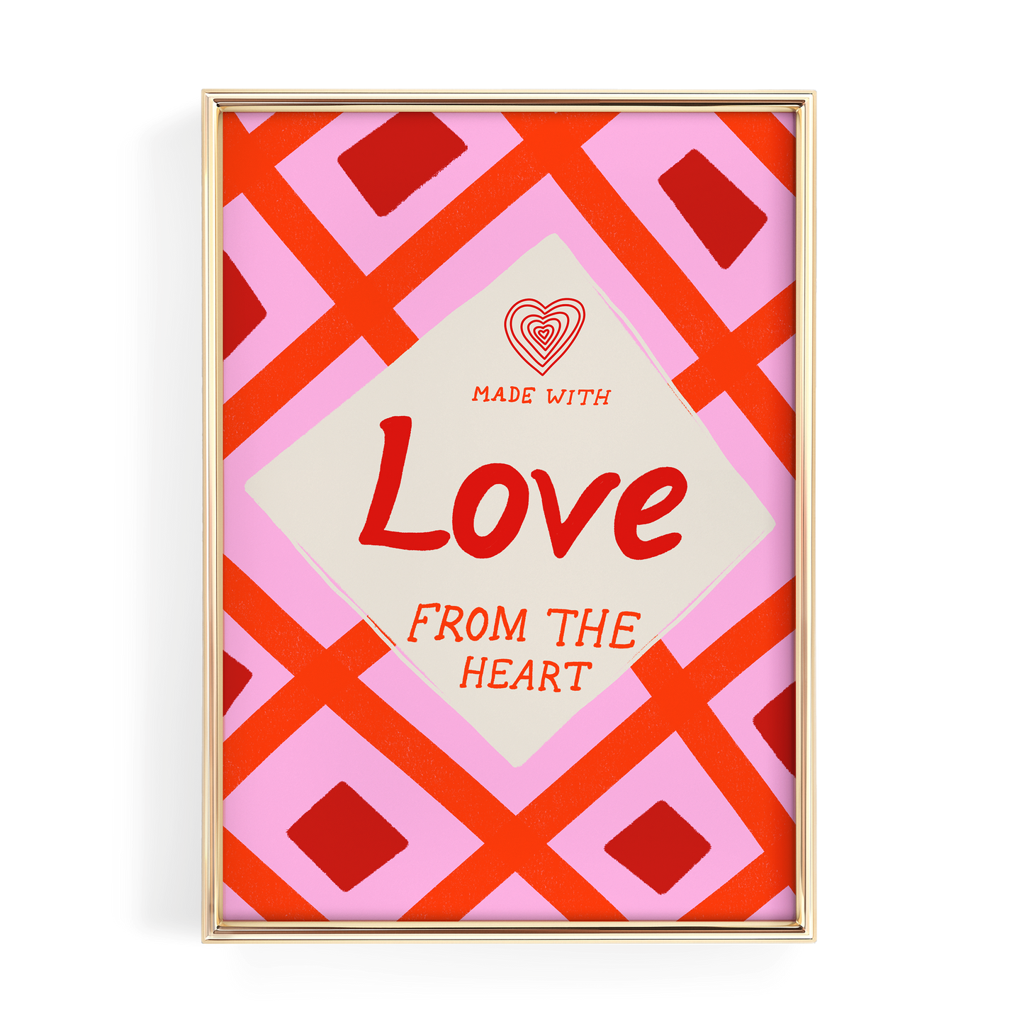 a vibrant, diamond-shaped frame with a pink and red geometric pattern. The frame has a heart symbol and the text "Love from the heart" written on it.