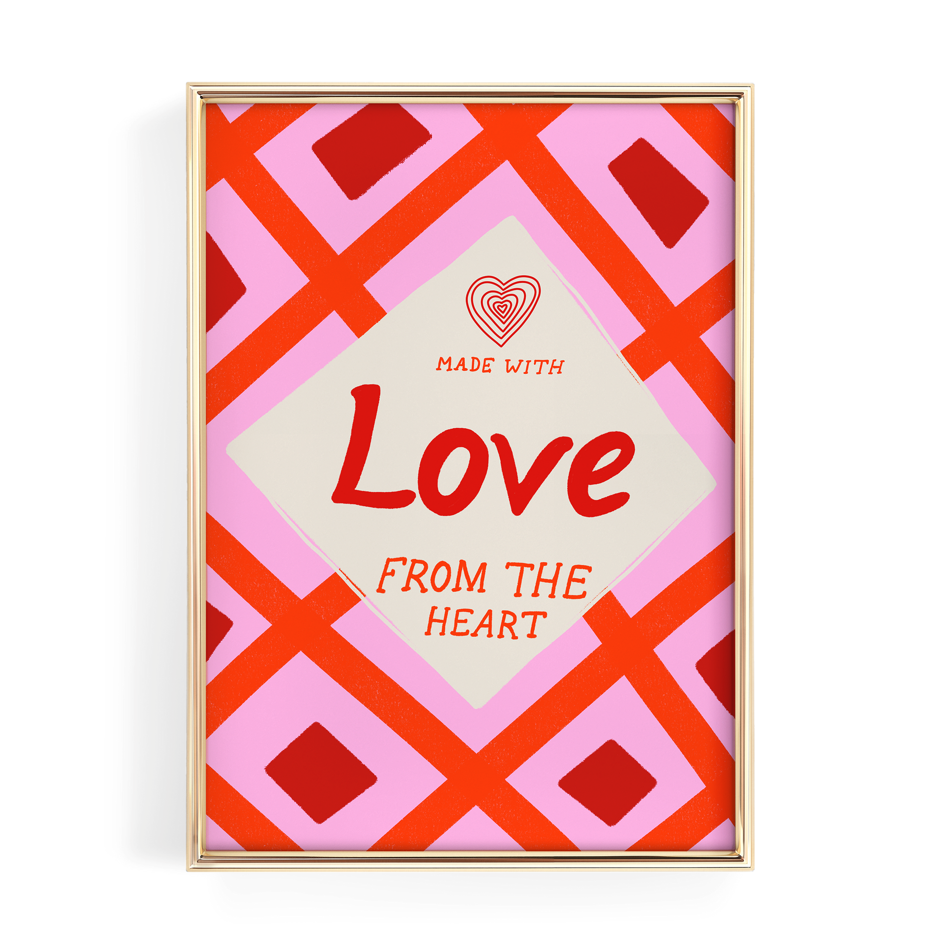 a vibrant, diamond-shaped frame with a pink and red geometric pattern. The frame has a heart symbol and the text "Love from the heart" written on it.