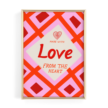 a vibrant, diamond-shaped frame with a pink and red geometric pattern. The frame has a heart symbol and the text "Love from the heart" written on it.