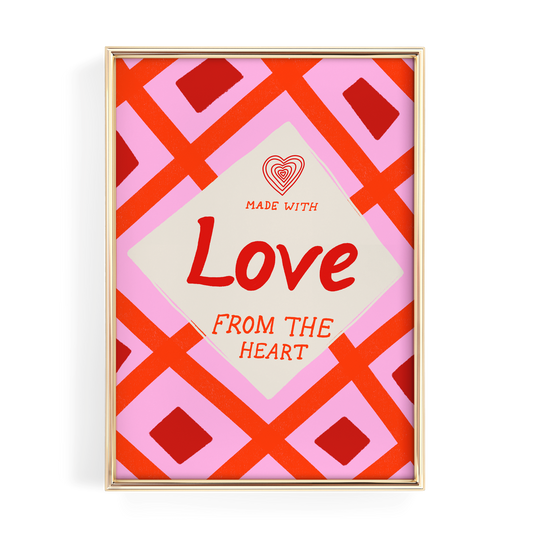 a vibrant, diamond-shaped frame with a pink and red geometric pattern. The frame has a heart symbol and the text "Love from the heart" written on it.