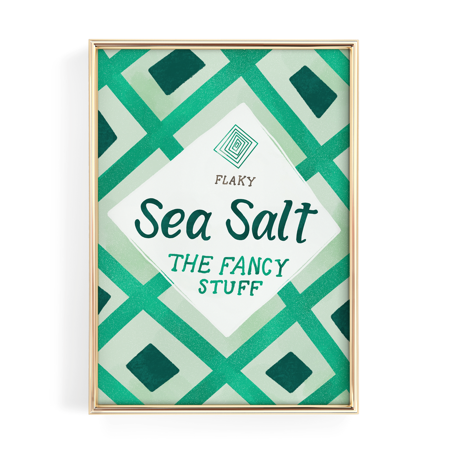 The image is a framed poster with a geometric pattern in shades of green and white. The poster features the text "Sea Salt" and "The Fancy Stuff" in a stylized font.