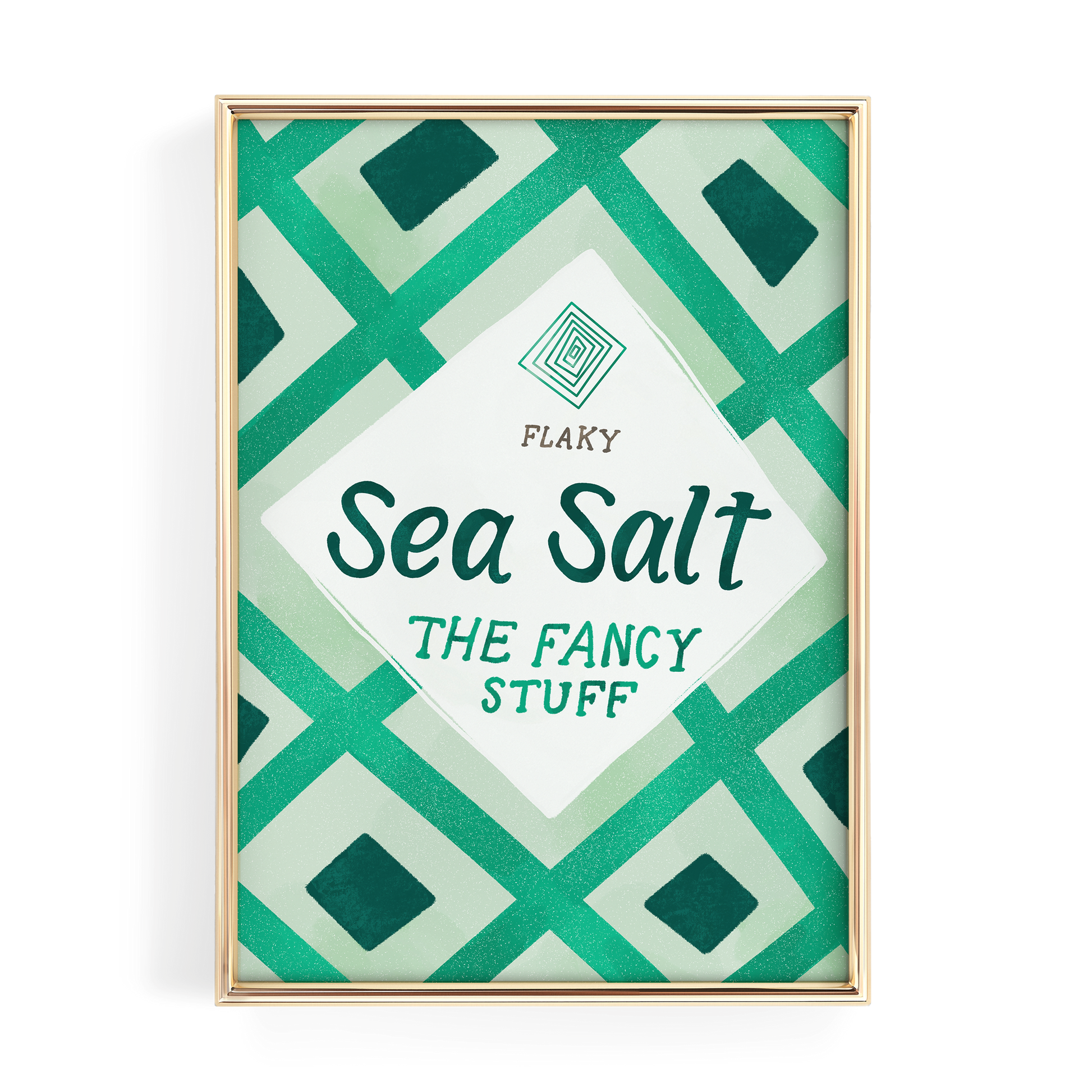 The image is a framed poster with a geometric pattern in shades of green and white. The poster features the text "Sea Salt" and "The Fancy Stuff" in a stylized font.