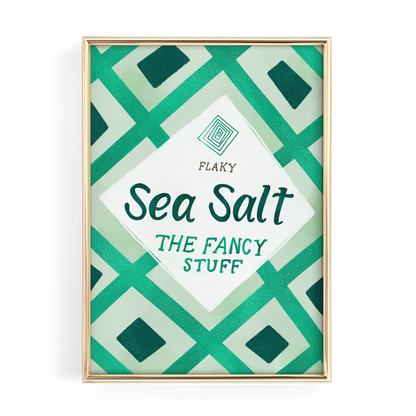 The image is a framed poster with a geometric pattern in shades of green and white. The poster features the text "Sea Salt" and "The Fancy Stuff" in a stylized font.