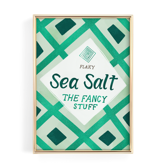 The image is a framed poster with a geometric pattern in shades of green and white. The poster features the text "Sea Salt" and "The Fancy Stuff" in a stylized font.