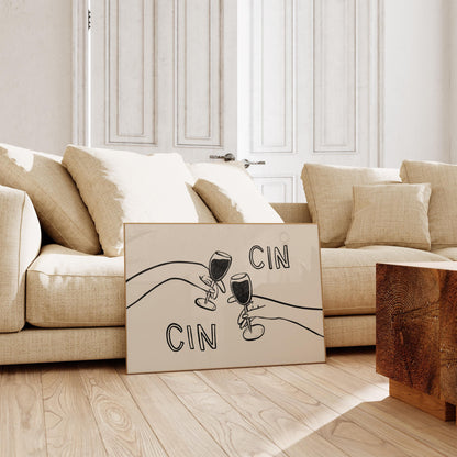 Cin Cin Cheers Print | Wine Glass Wall Art | Minimalist Line Art | Bar Cart Decor