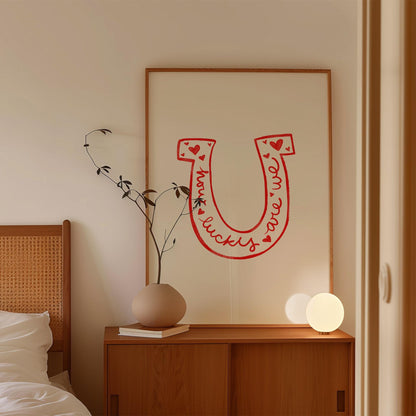 Lucky Quote Horseshoe Wall Art | Red Bedroom Decor | Romantic Print Illustration