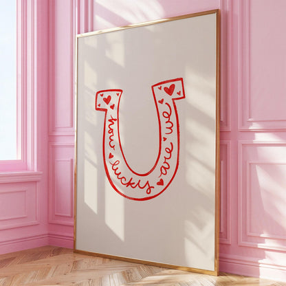 Lucky Quote Horseshoe Wall Art | Red Bedroom Decor | Romantic Print Illustration