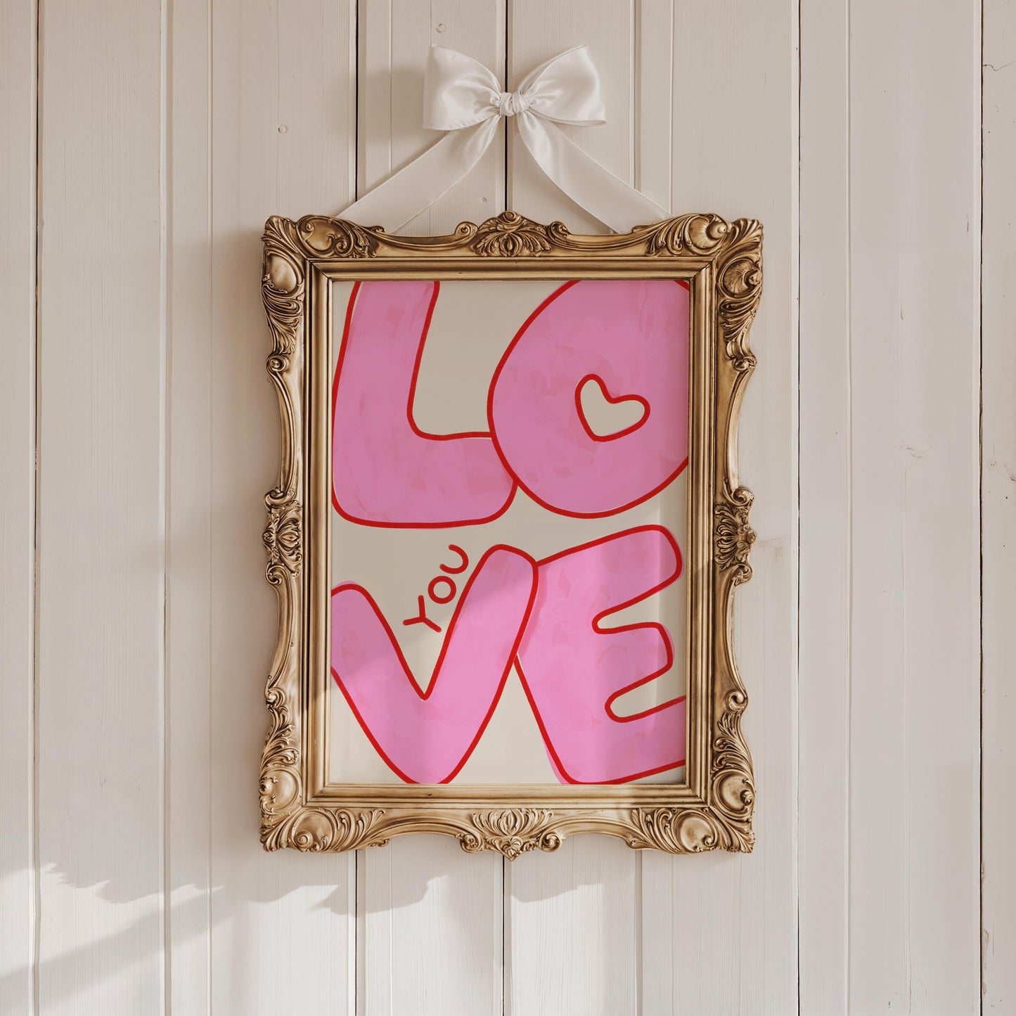 Love You Wall Art | Pink Bubble Letter Print | Valentine Decor for Bedroom