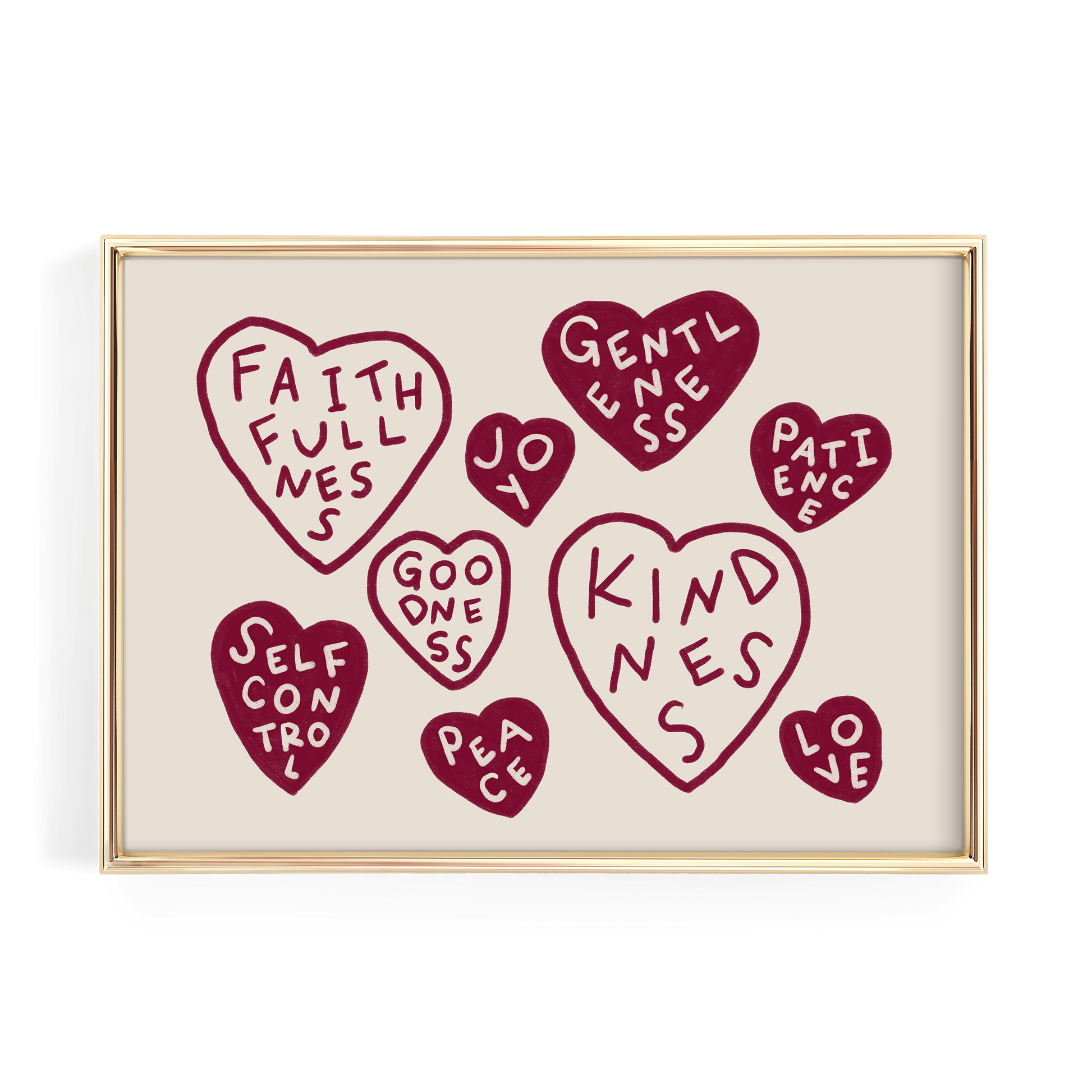 a collection of heart-shaped illustrations with various words written on them, arranged in a frame.